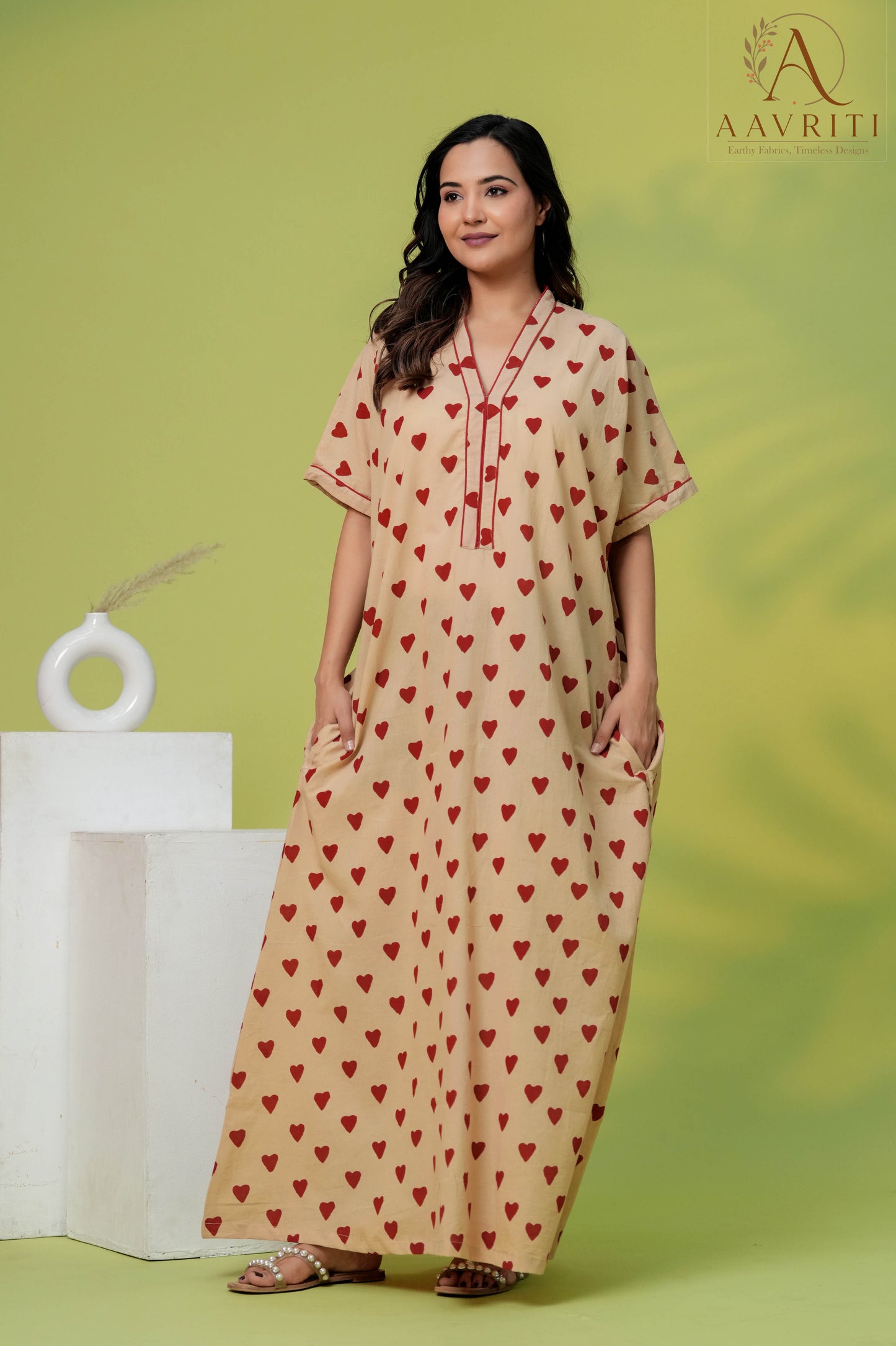 Aavriti Beige Red Heart Buti Hand Block Printed Cotton Loungewear Kaftan