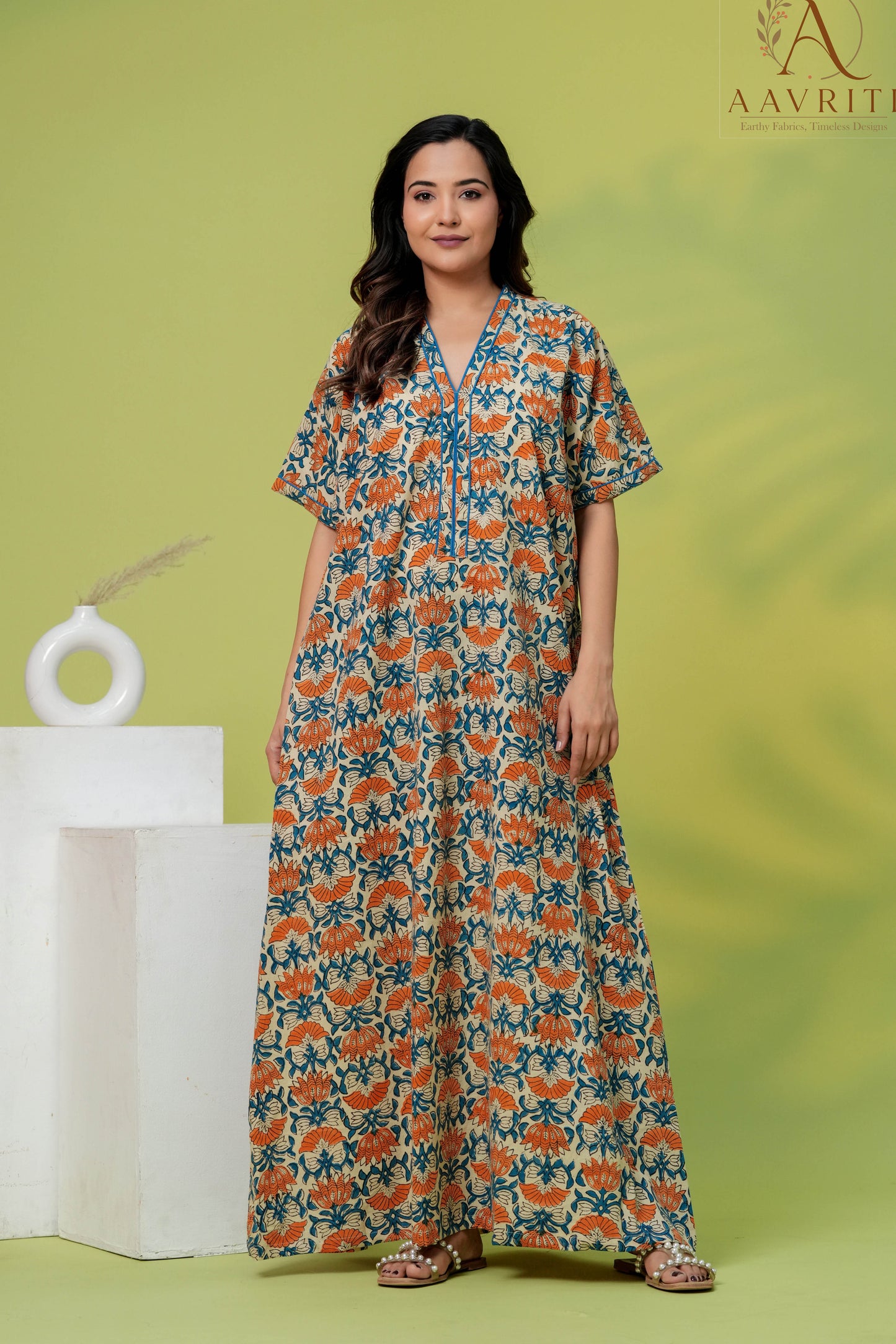 Aavriti Cream Orange Indigo Jaal Hand Block Printed Cotton Kaftan