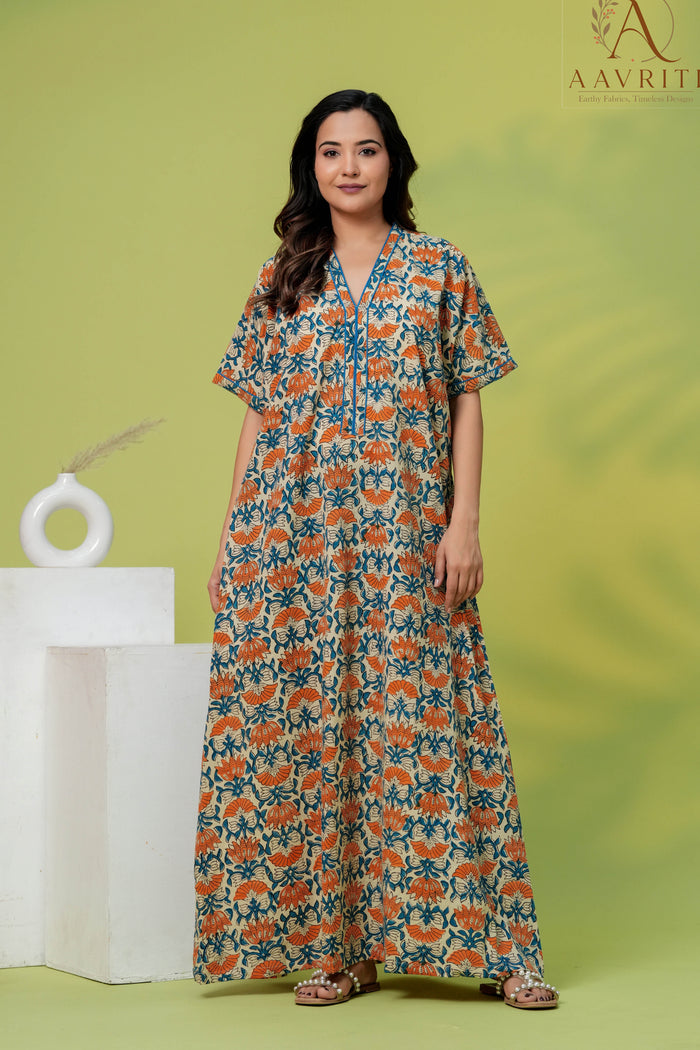 Aavriti Cream Orange Indigo Jaal Hand Block Printed Cotton Kaftan