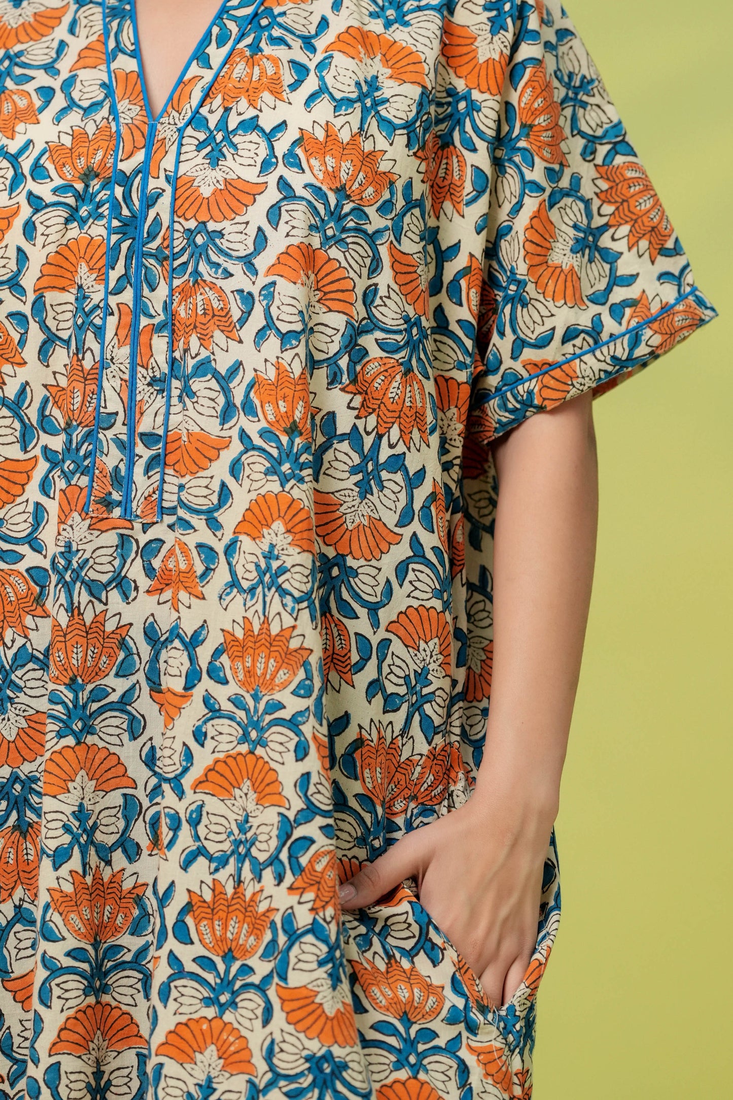 Aavriti Cream Orange Indigo Jaal Hand Block Printed Cotton Kaftan