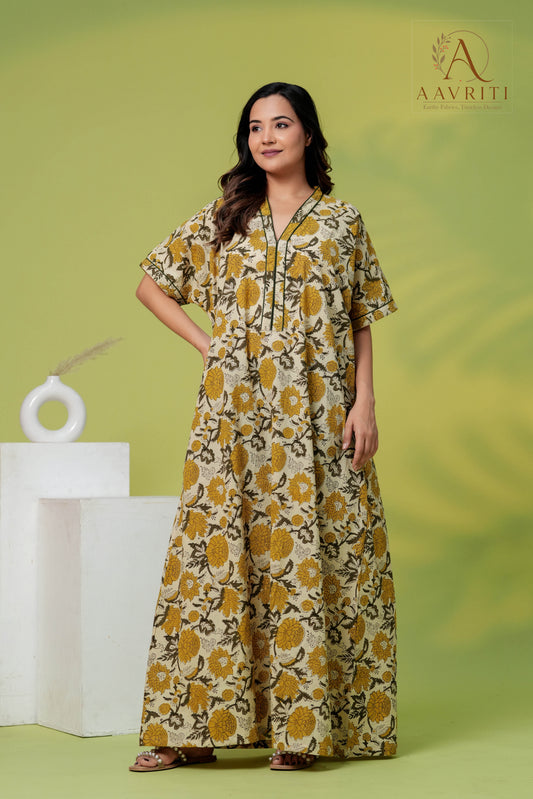 Aavriti Cream Mustard Olive Jaal Hand Block Printed Cotton Loungewear Kaftan