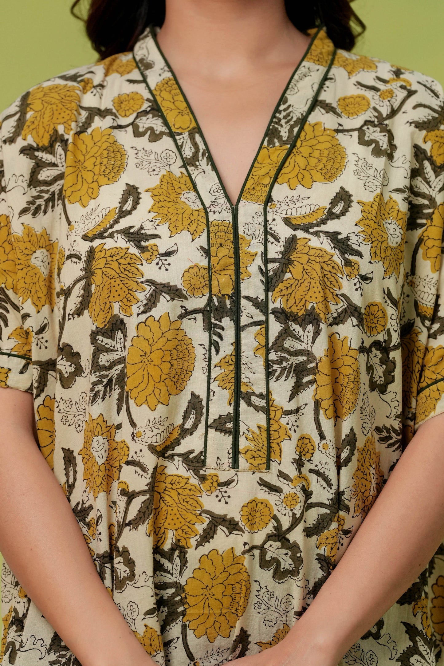 Aavriti Cream Mustard Olive Jaal Hand Block Printed Cotton Loungewear Kaftan