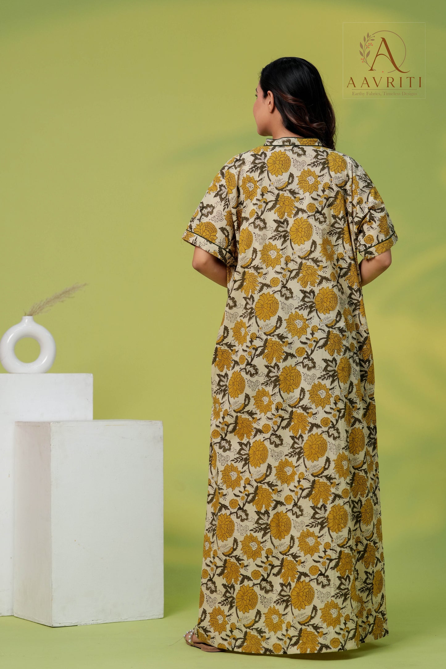 Aavriti Cream Mustard Olive Jaal Hand Block Printed Cotton Loungewear Kaftan