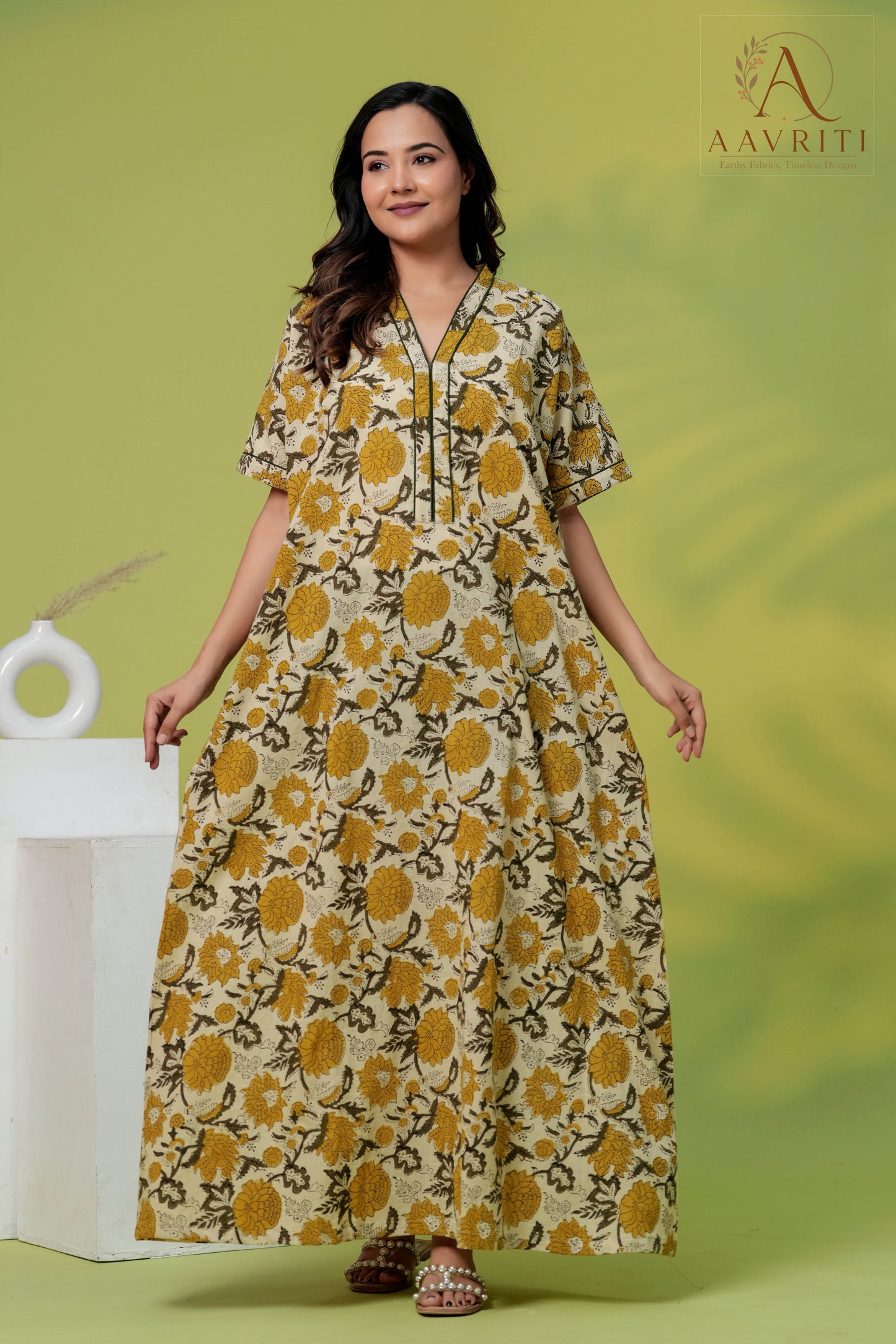 Aavriti Cream Mustard Olive Jaal Hand Block Printed Cotton Loungewear Kaftan