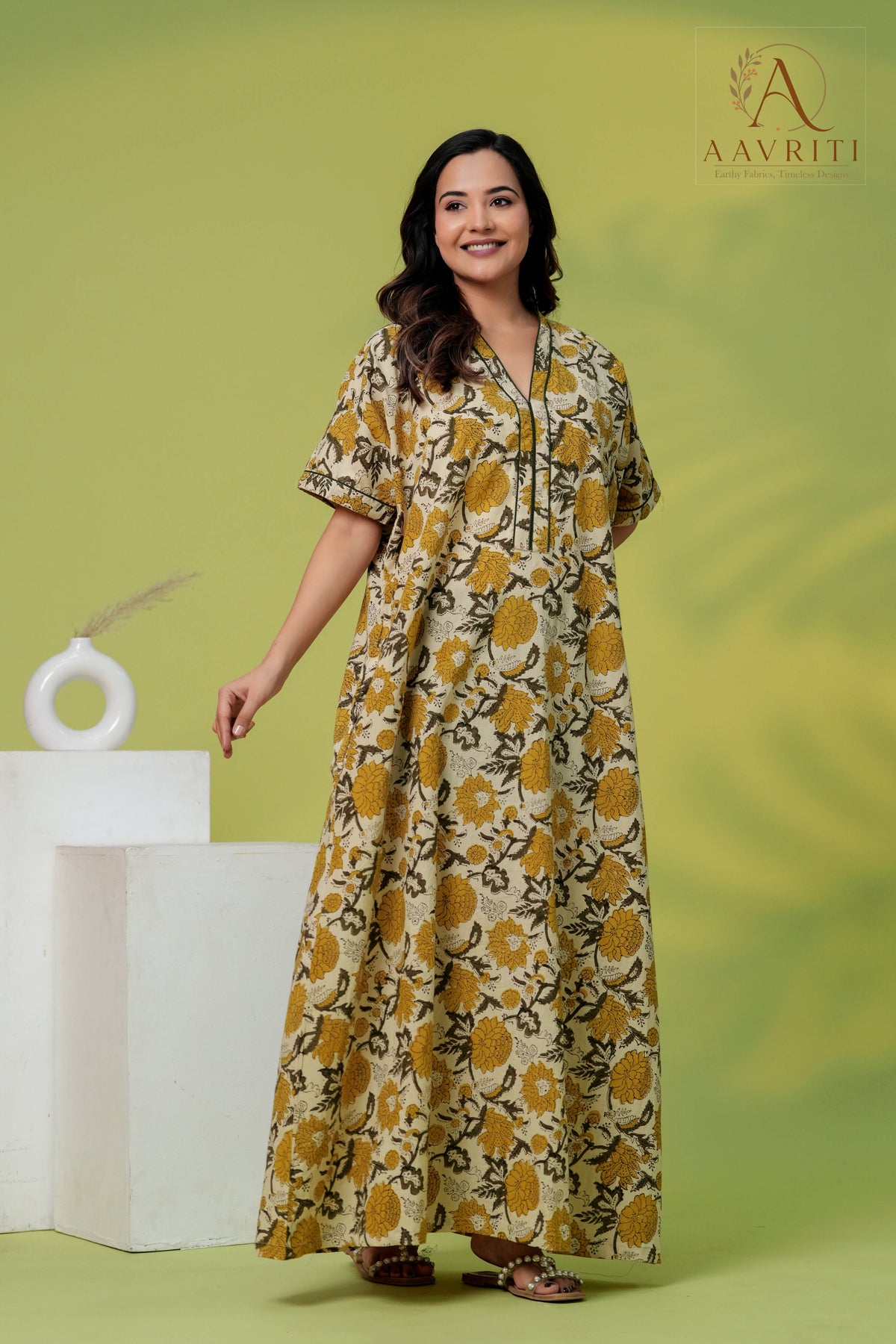 Aavriti Cream Mustard Olive Jaal Hand Block Printed Cotton Loungewear Kaftan