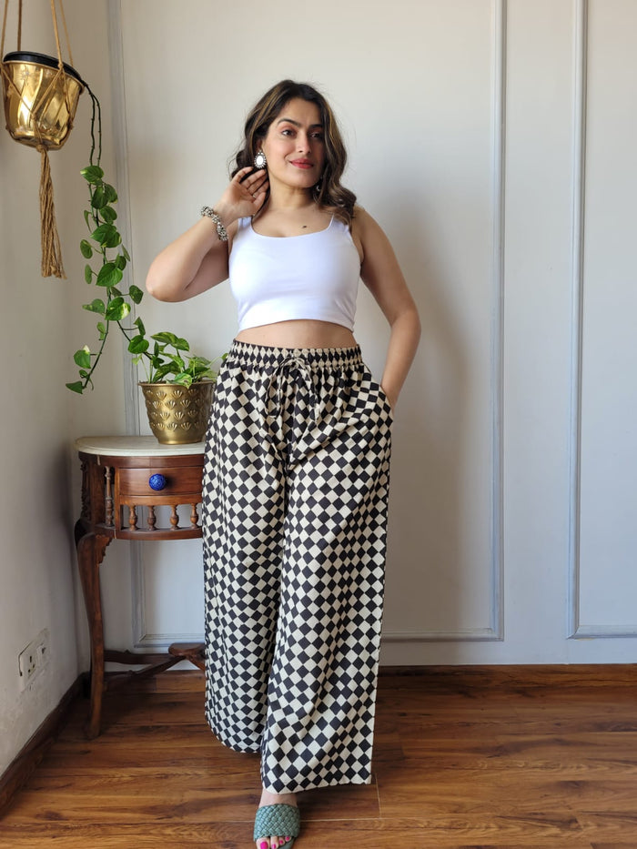 Aavriti Black and Cream Geometric Checkerboard Bagru Hand Block Printed Cotton Palazzo Pant