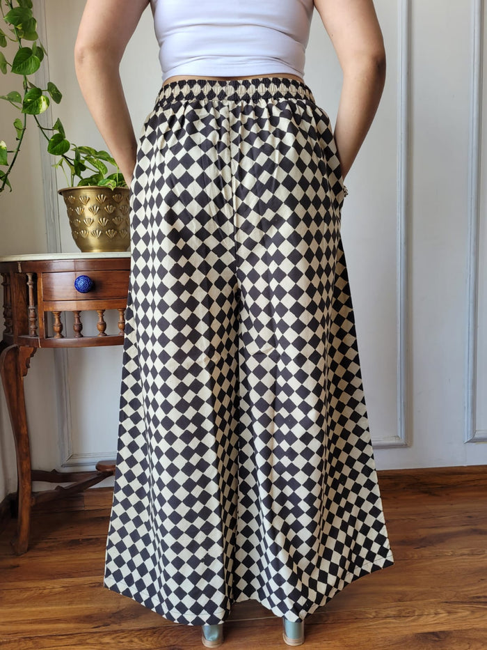 Aavriti Black and Cream Geometric Checkerboard Bagru Hand Block Printed Cotton Palazzo Pant