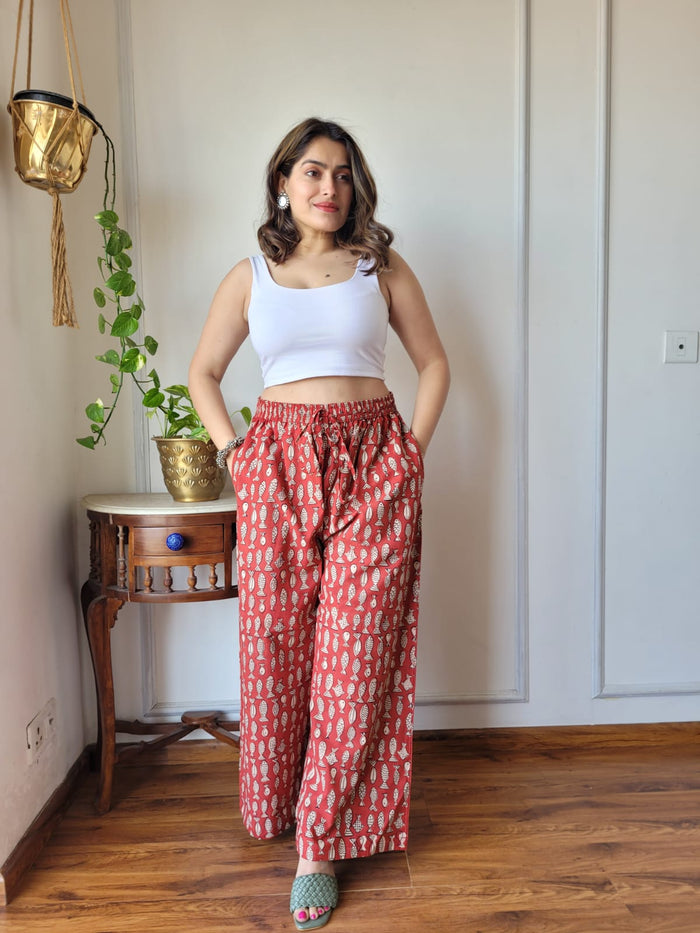 Aavriti Rust Red Fish Motif Bagru Hand Block Printed Cotton Palazzo Pant