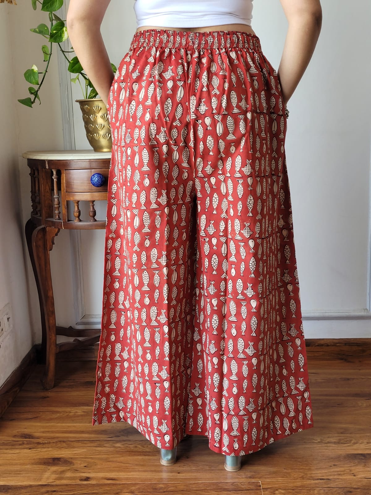 Aavriti Rust Red Fish Motif Bagru Hand Block Printed Cotton Palazzo Pant