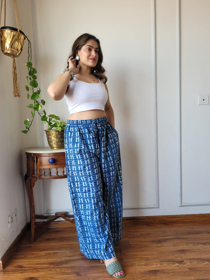 Aavriti Indigo Blue Vertical Floral Vine Bagru Hand Block Printed Cotton Palazzo Pant