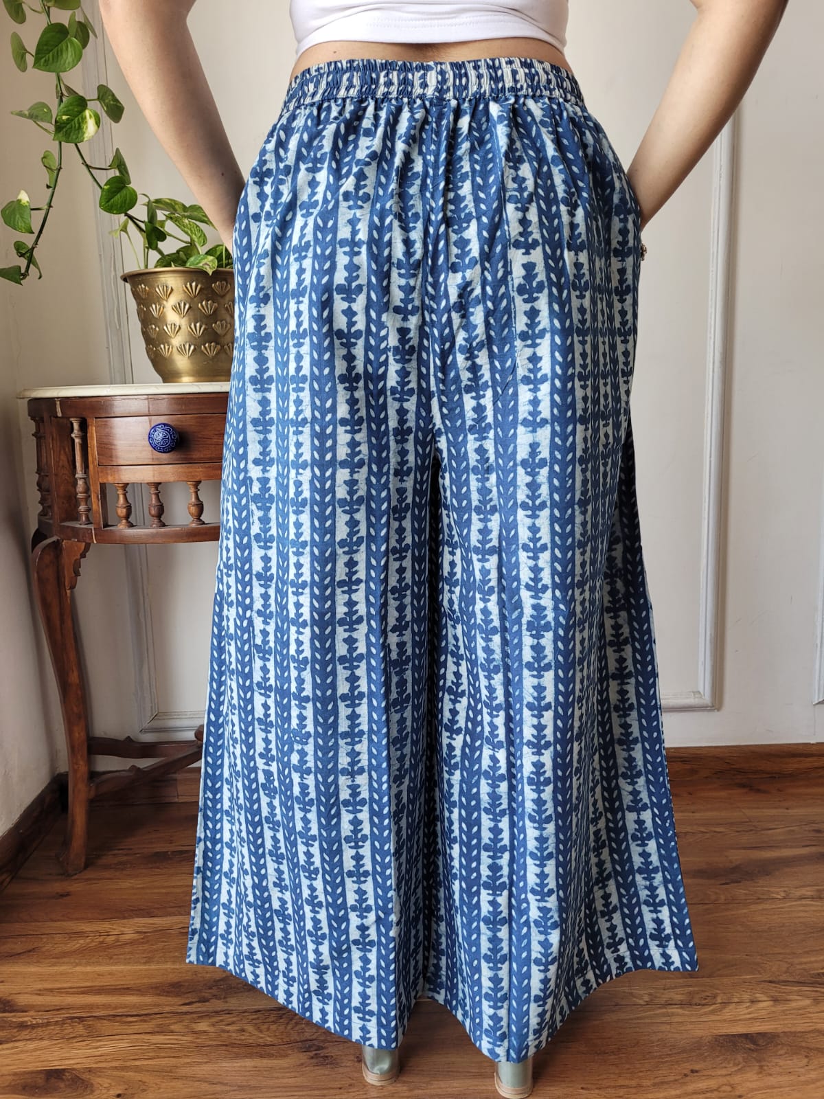Aavriti Indigo Blue Vertical Floral Vine Bagru Hand Block Printed Cotton Palazzo Pant
