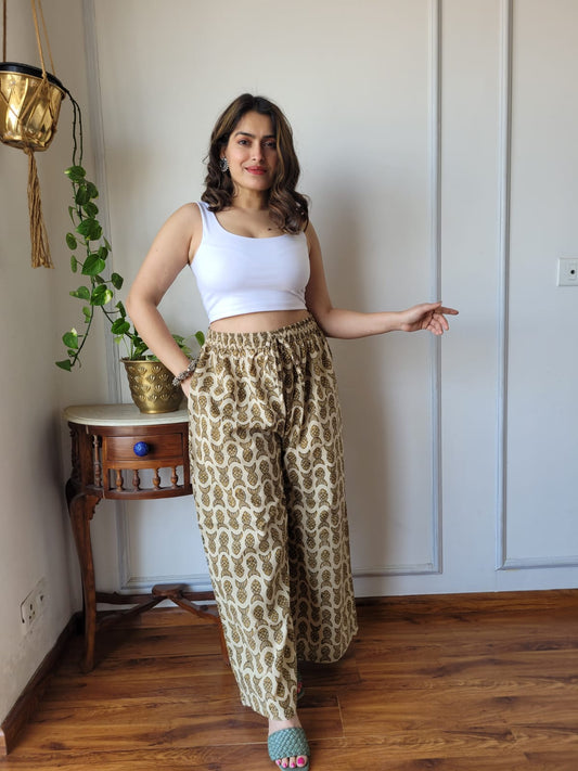 Aavriti Mustard Olive Fish Motif Bagru Hand Block Printed Cotton Palazzo Pant
