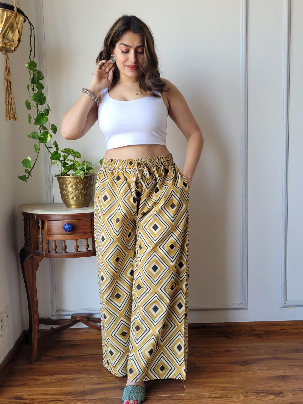 Aavriti Mustard and Black Geometric Diamond Bagru Hand Block Printed Cotton
