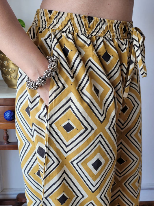 Aavriti Mustard and Black Geometric Diamond Bagru Hand Block Printed Cotton