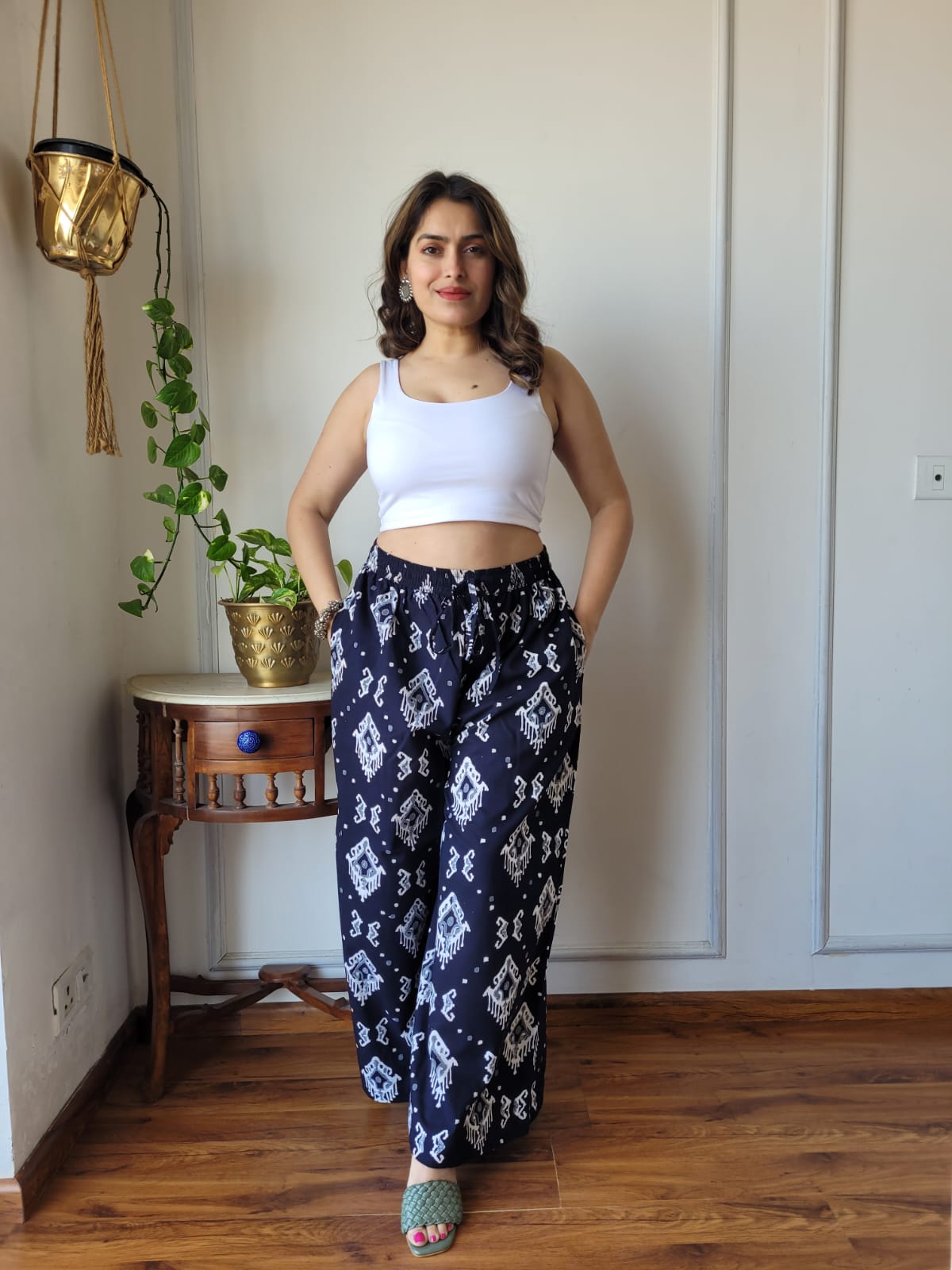 Aavriti Indigo Navy Ikat Geometric Bagru Hand Block Printed Cotton Palazzo Pant