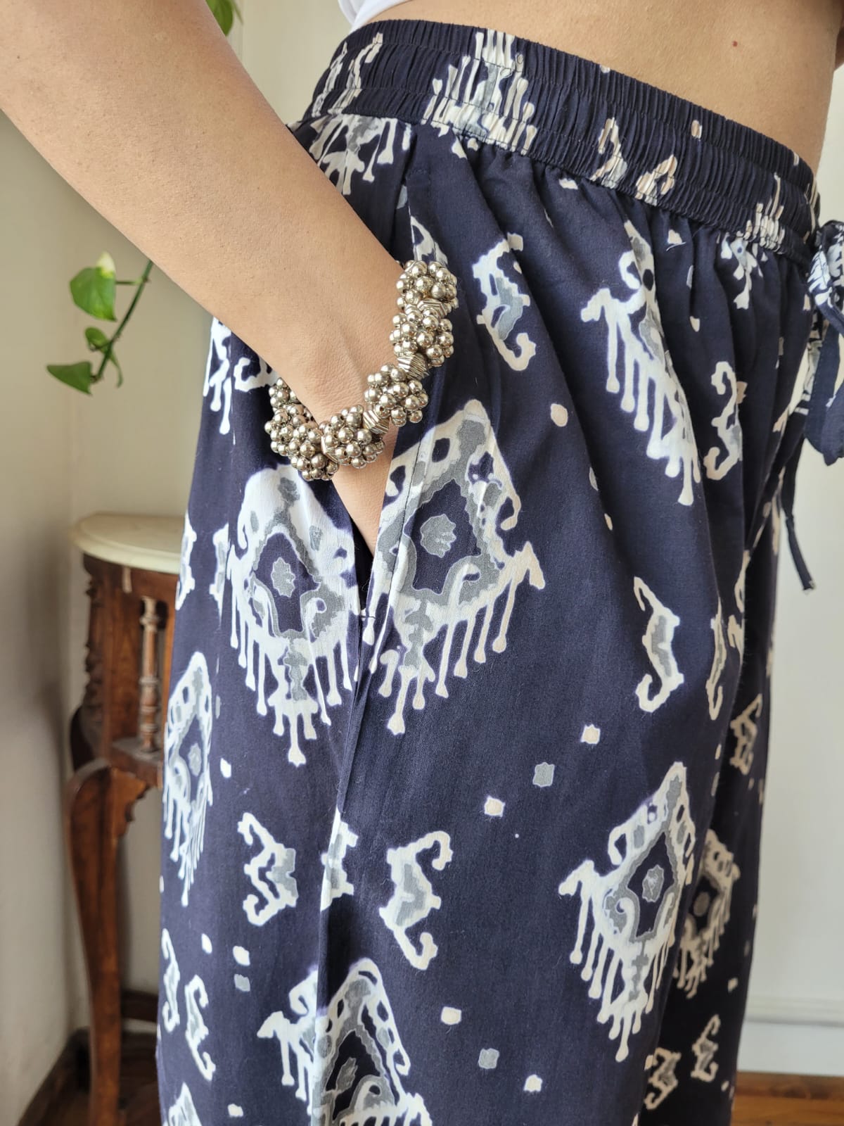 Aavriti Indigo Navy Ikat Geometric Bagru Hand Block Printed Cotton Palazzo Pant