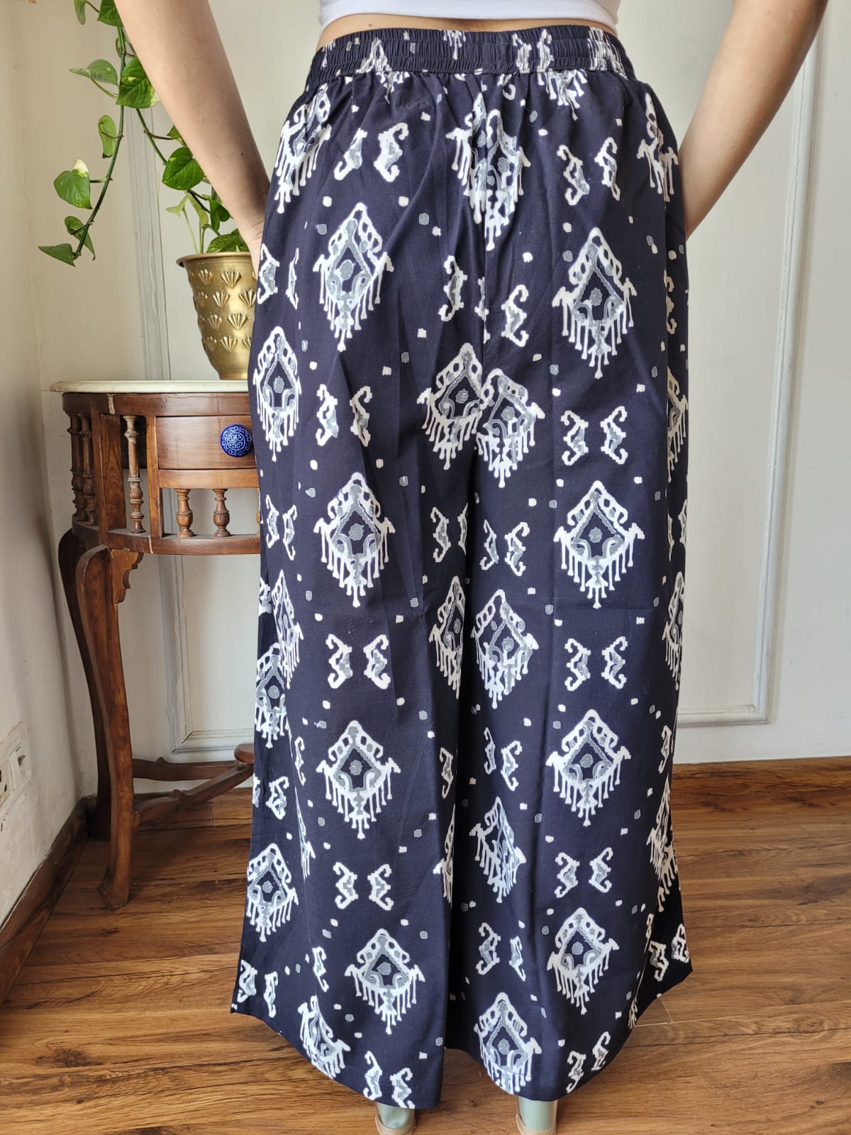Aavriti Indigo Navy Ikat Geometric Bagru Hand Block Printed Cotton Palazzo Pant