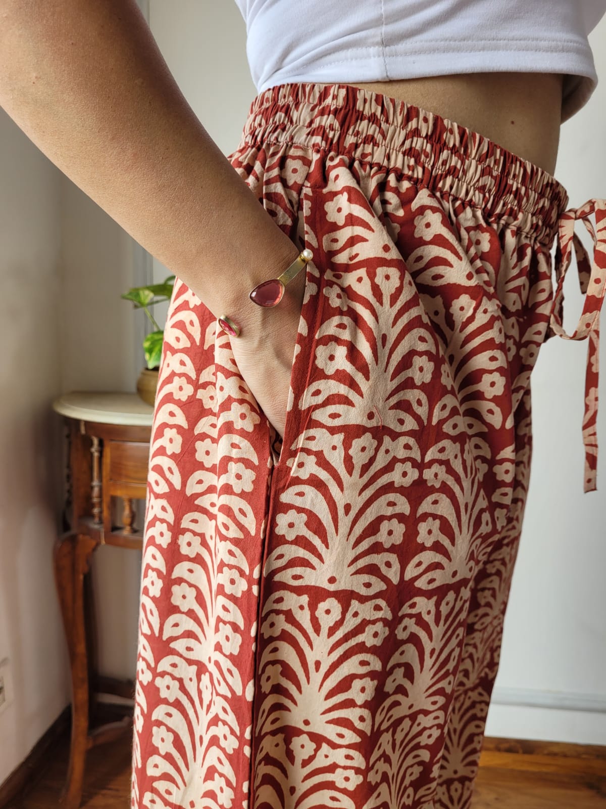 Aavriti Rust Terracotta Floral Tree Bagru Hand Block Printed Cotton Palazzo Pant