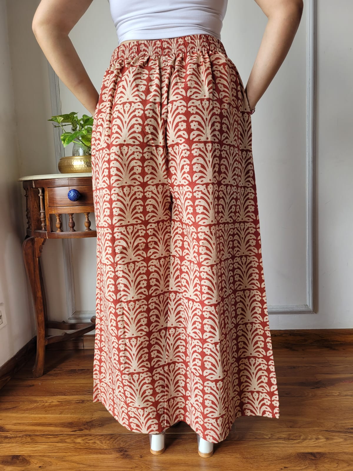 Aavriti Rust Terracotta Floral Tree Bagru Hand Block Printed Cotton Palazzo Pant