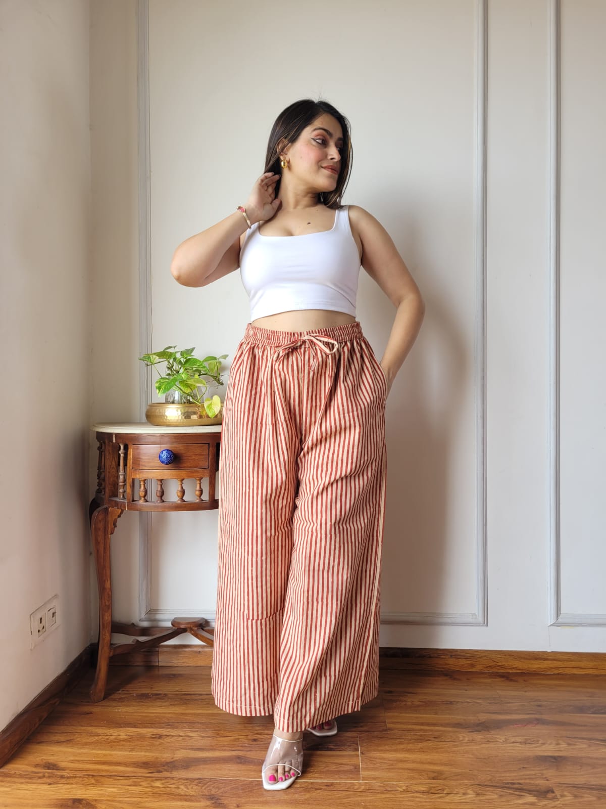 Aavriti Brick Red Leheriya Striped Bagru Hand Block Printed Cotton Palazzo Pant