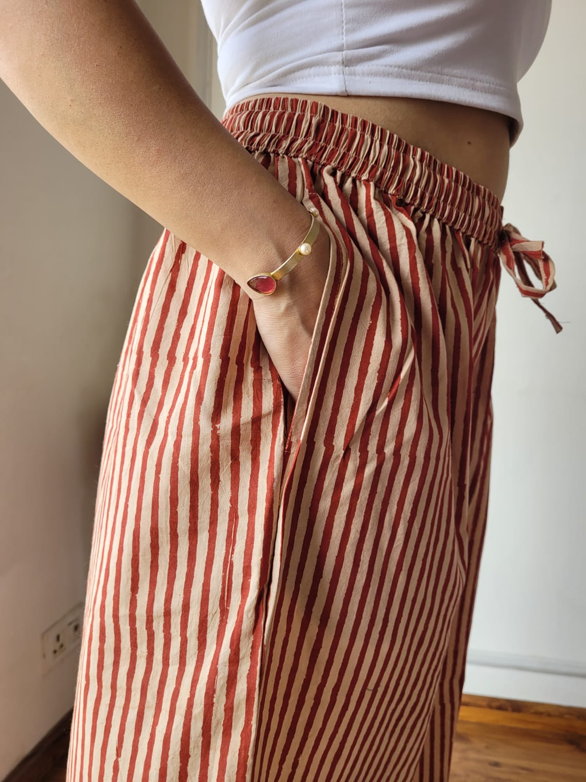 Aavriti Brick Red Leheriya Striped Bagru Hand Block Printed Cotton Palazzo Pant