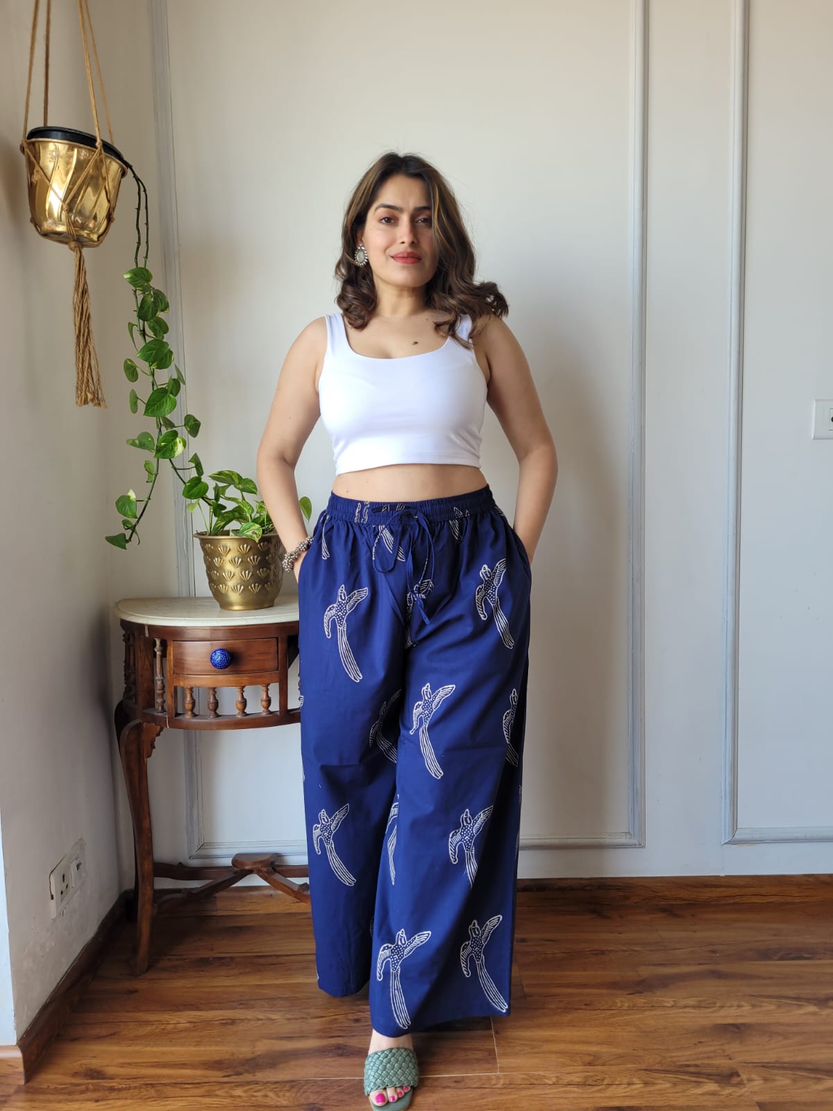 Aavriti Indigo Blue Bird Bagru Hand Block Printed Cotton Palazzo Pant