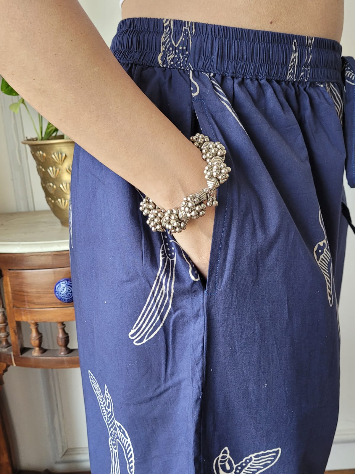 Aavriti Indigo Blue Bird Bagru Hand Block Printed Cotton Palazzo Pant