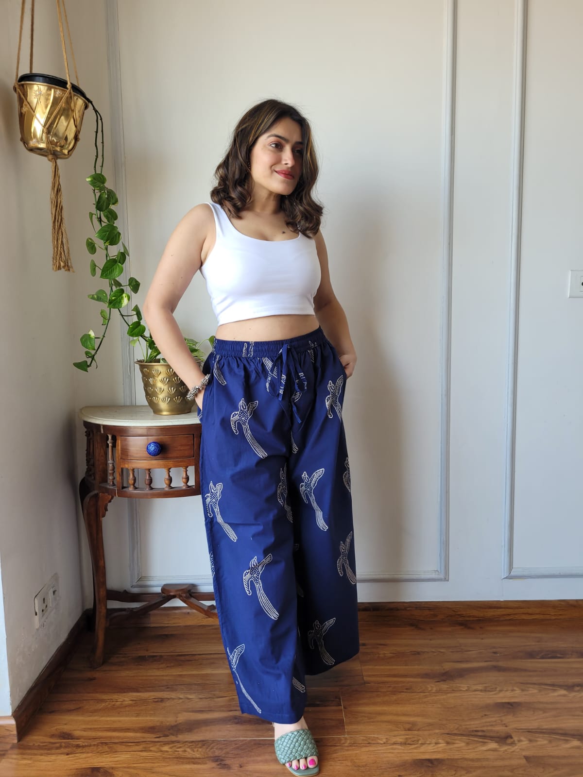 Aavriti Indigo Blue Bird Bagru Hand Block Printed Cotton Palazzo Pant