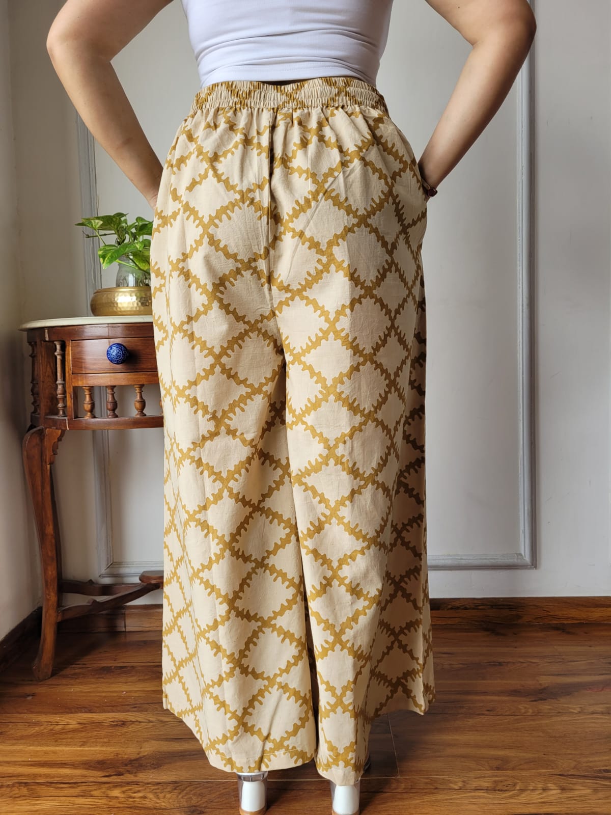 Aavriti Mustard Ochre Jaal Bagru Hand Block Printed Cotton Palazzo Pant