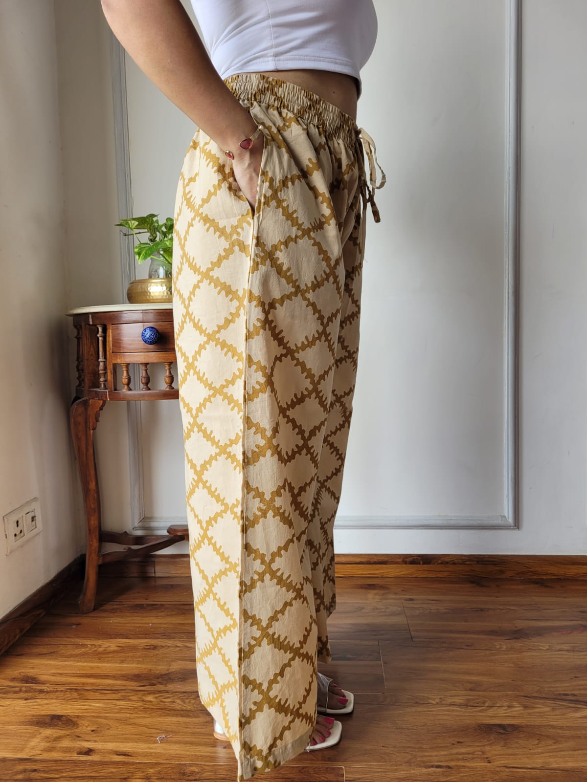 Aavriti Mustard Ochre Jaal Bagru Hand Block Printed Cotton Palazzo Pant