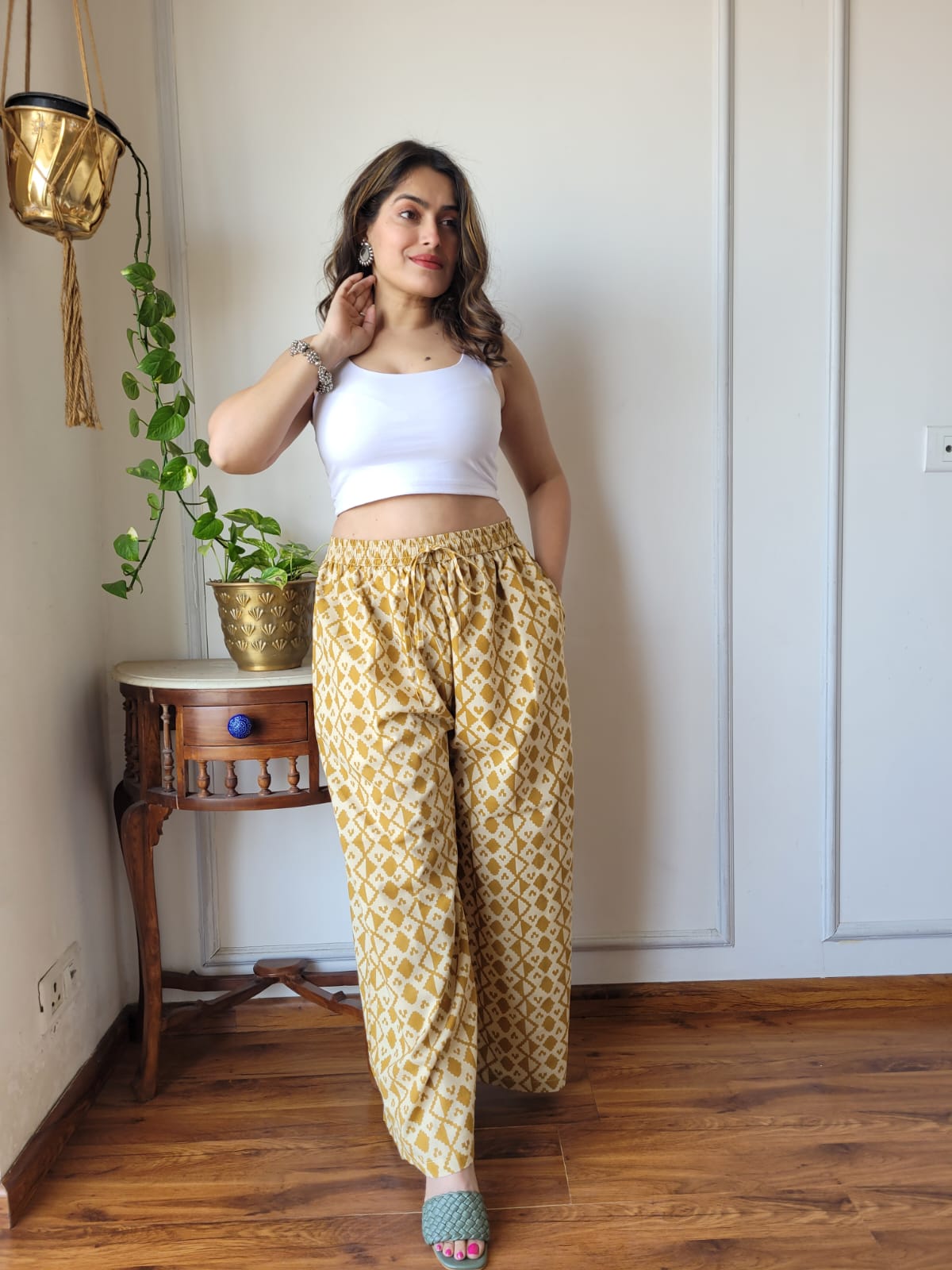 Aavriti Mustard Geometric Diamond Bagru Hand Block Printed Cotton Palazzo Pant