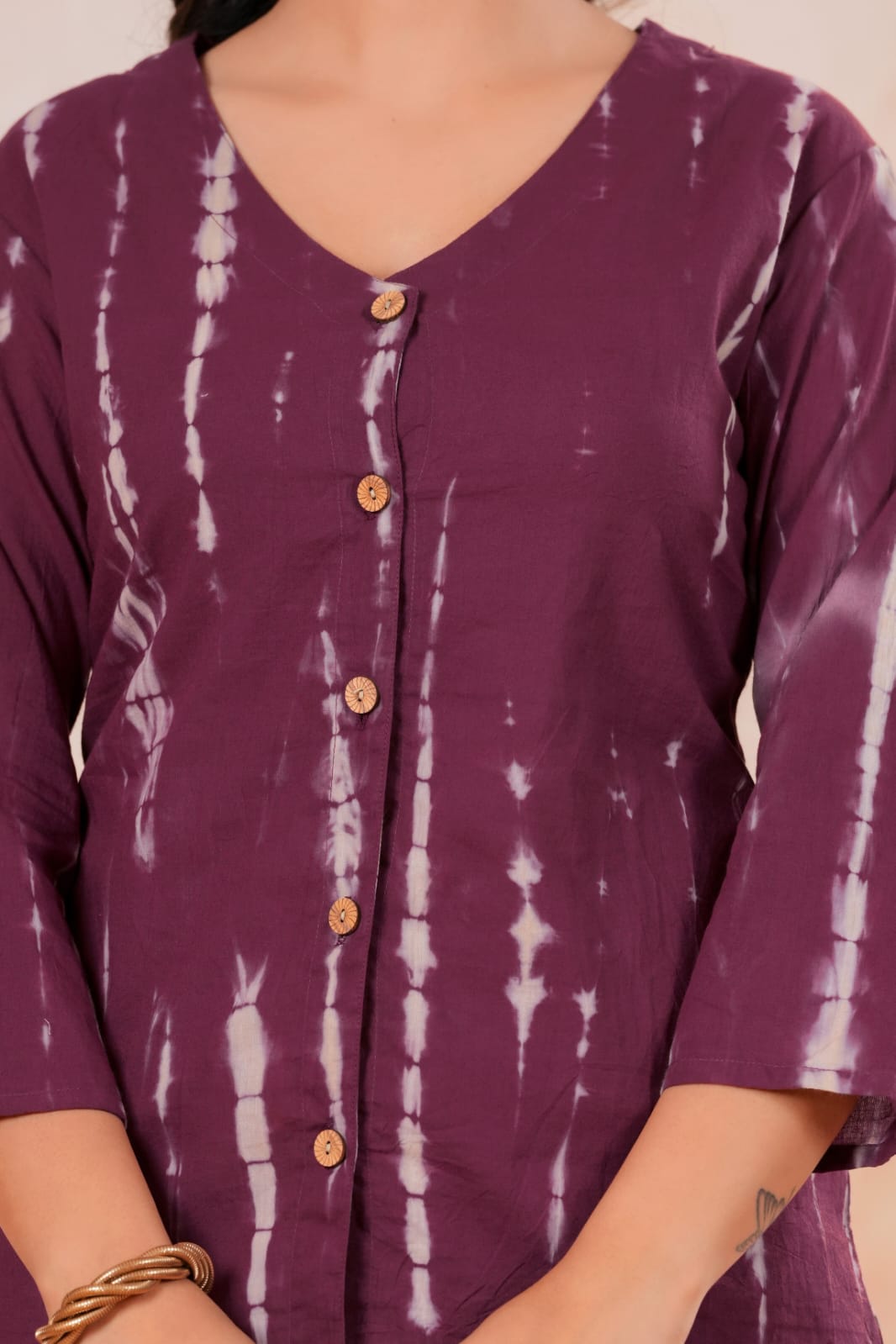 Aavriti Plum Wine Shibori Tie & Dye Cotton V-Neck Shirt Style Top